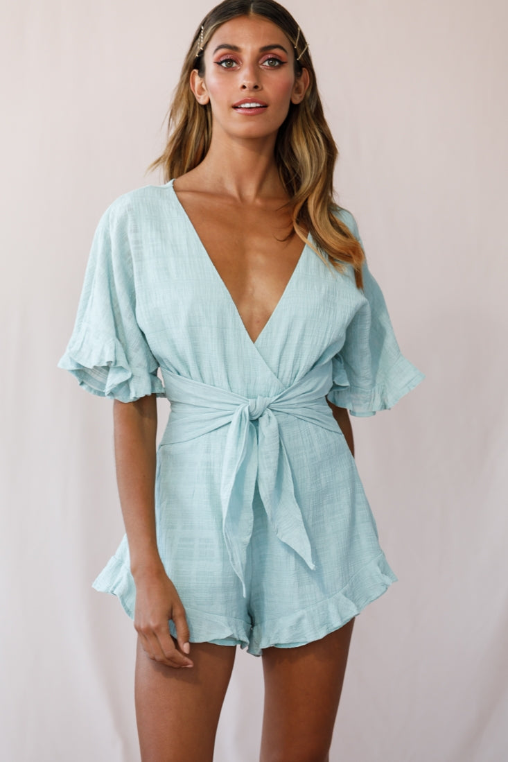 Karin Frill Trim Waist Tie Romper Sage-Maymioy