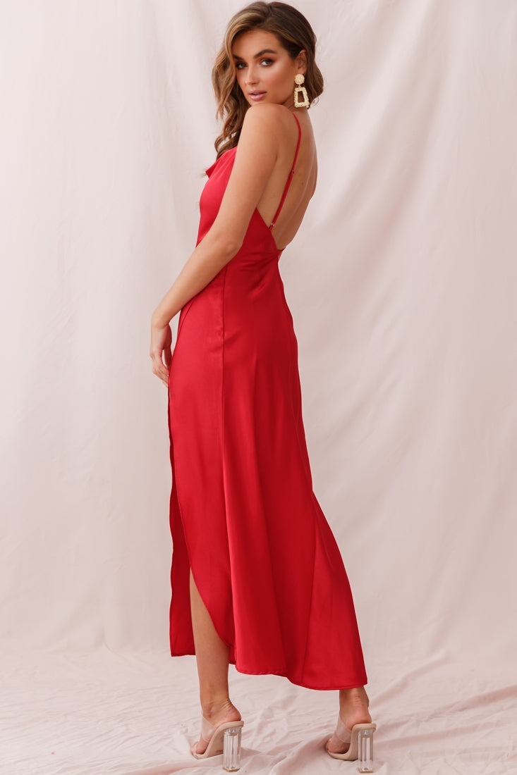 Hey Girl Long Satin Cowl Neck Dress Red-Maymioy
