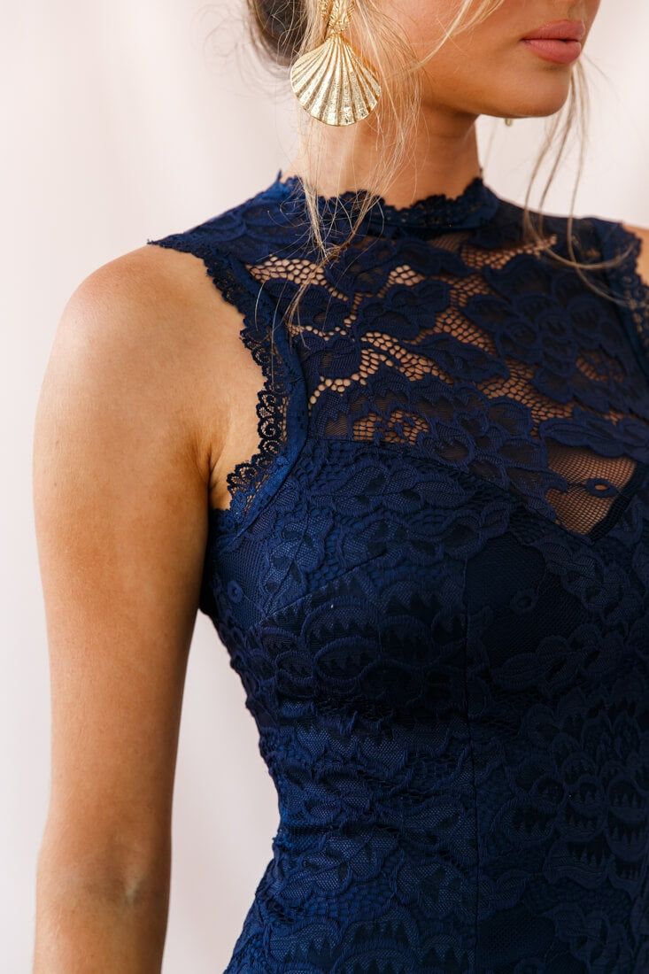 Canyon Floral Overlay Keyhole Back Dress Navy-Maymioy