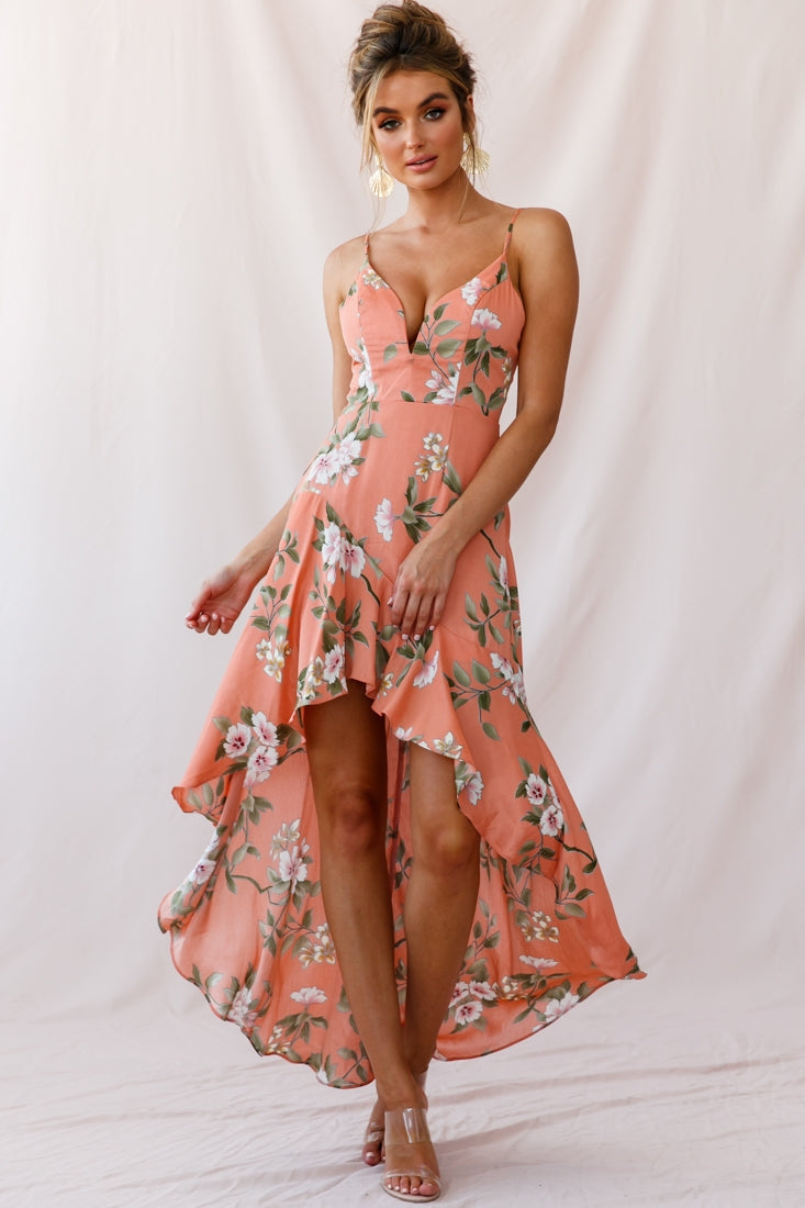Imelda V-Neckline High-Low Hem Dress Peach-Maymioy