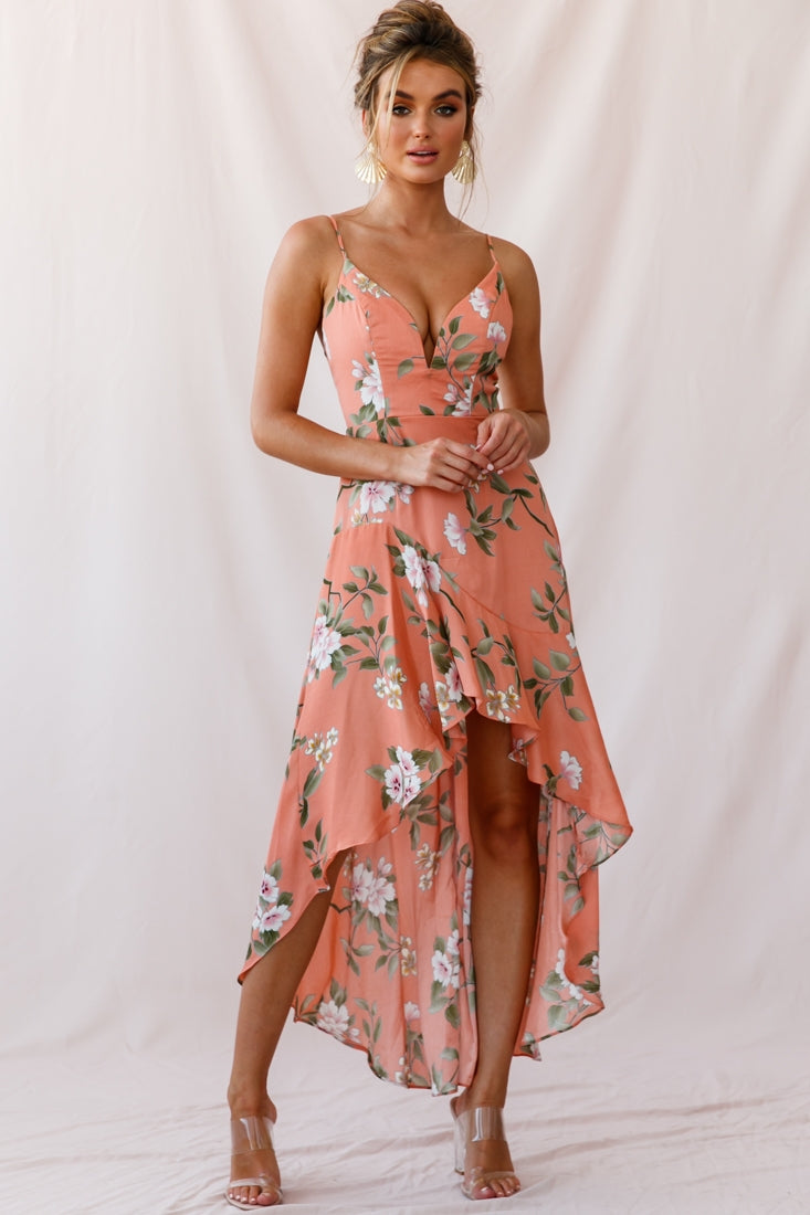 Imelda V-Neckline High-Low Hem Dress Peach-Maymioy