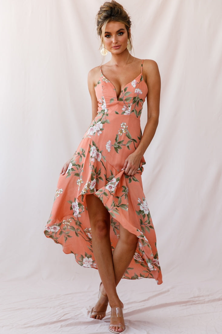 Imelda V-Neckline High-Low Hem Dress Peach-Maymioy