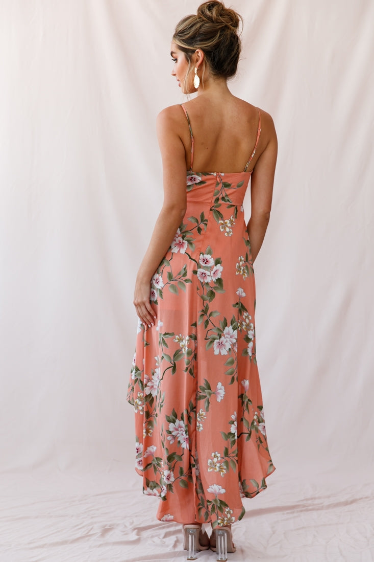 Imelda V-Neckline High-Low Hem Dress Peach-Maymioy