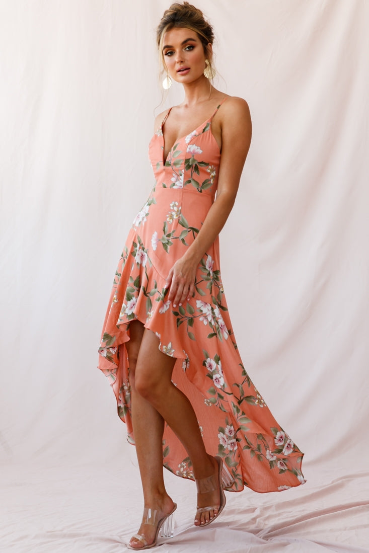 Imelda V-Neckline High-Low Hem Dress Peach-Maymioy