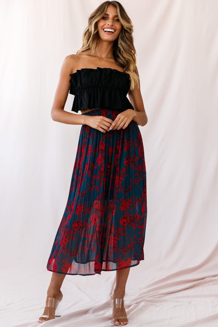 Caroline Accordion Pleat Midi Skirt Forest Green/Red-Maymioy