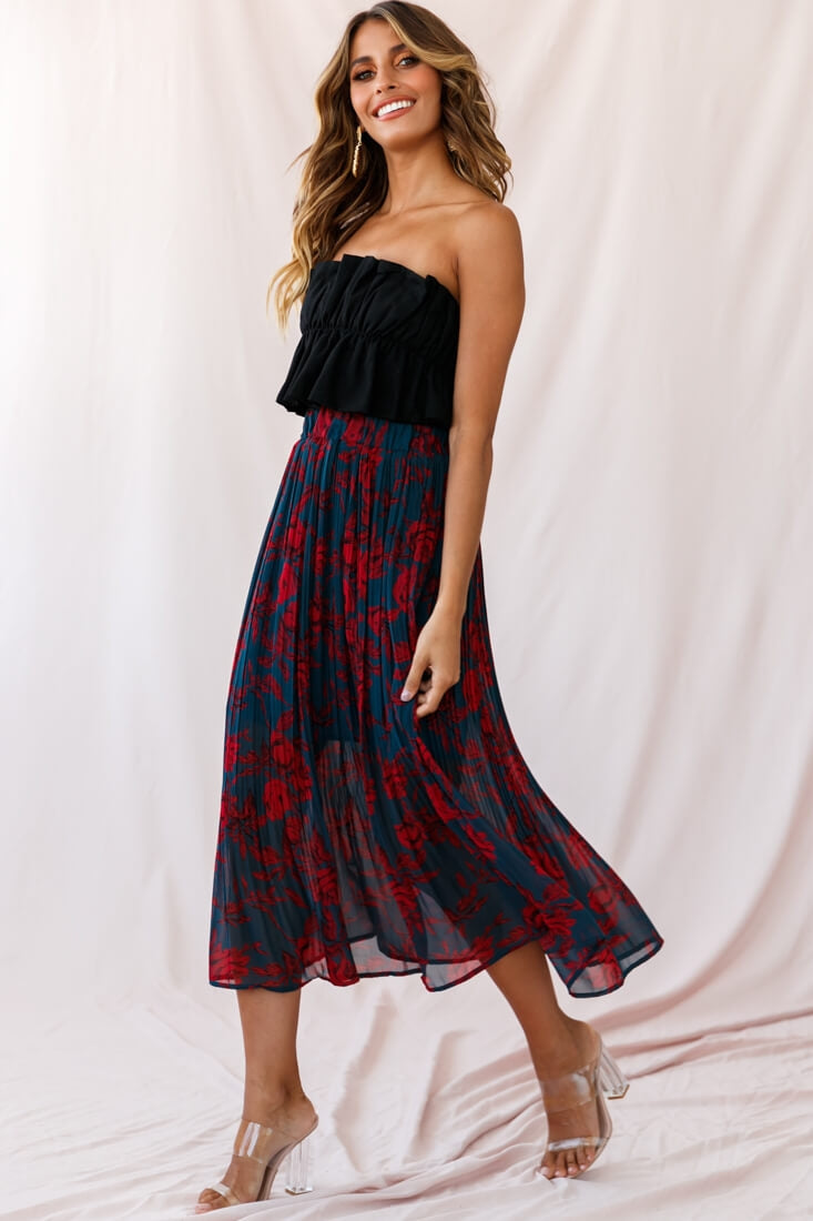 Caroline Accordion Pleat Midi Skirt Forest Green/Red-Maymioy