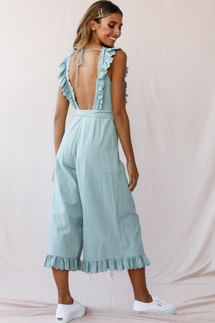 Meadow Ruffle Strap Open Back Midi Jumpsuit Sage-Maymioy