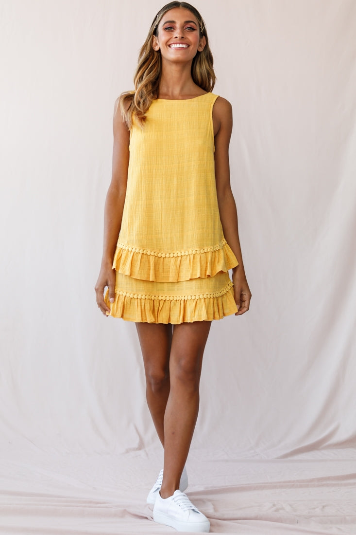 Candice Tiered Frill Hem Scooped Back Dress Yellow-Maymioy