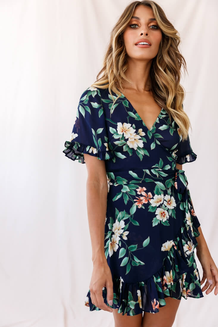 Omara Floral Wrap Ruffle Trim Dress Navy-Maymioy