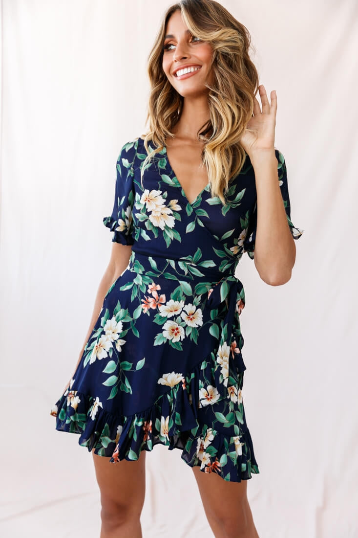 Omara Floral Wrap Ruffle Trim Dress Navy-Maymioy