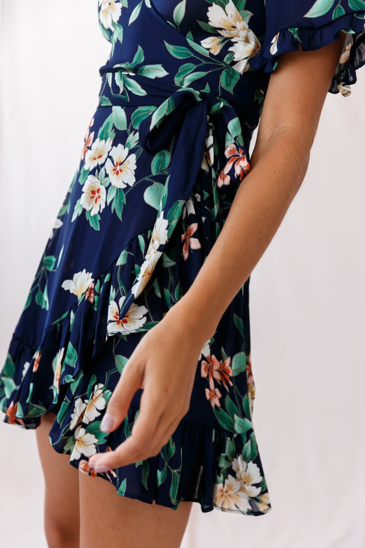Omara Floral Wrap Ruffle Trim Dress Navy-Maymioy