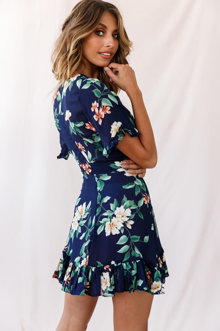 Omara Floral Wrap Ruffle Trim Dress Navy-Maymioy