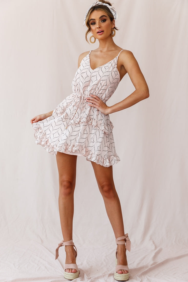 Provence Frill Trim Drawstring Waist Dress Polka Dot Print Blush-Maymioy