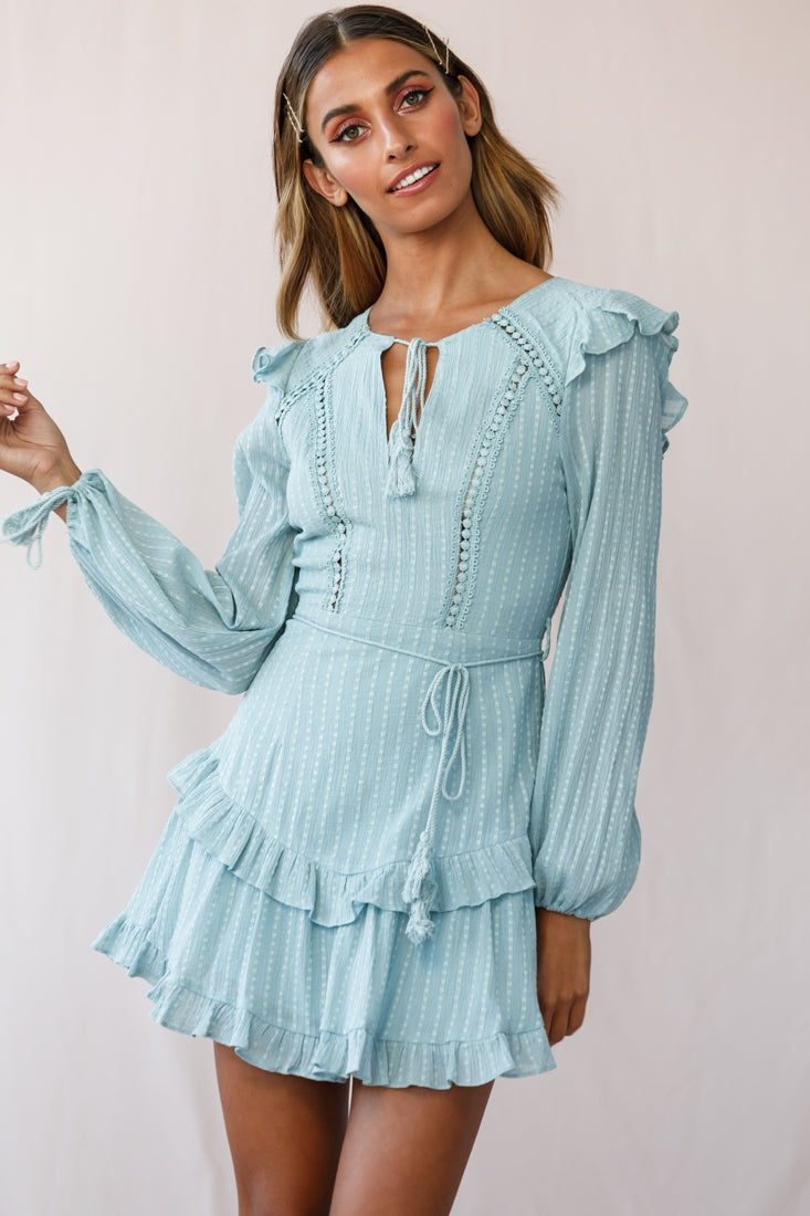 Yours Truly Bell Sleeve Ruffle Dress Sage-Maymioy