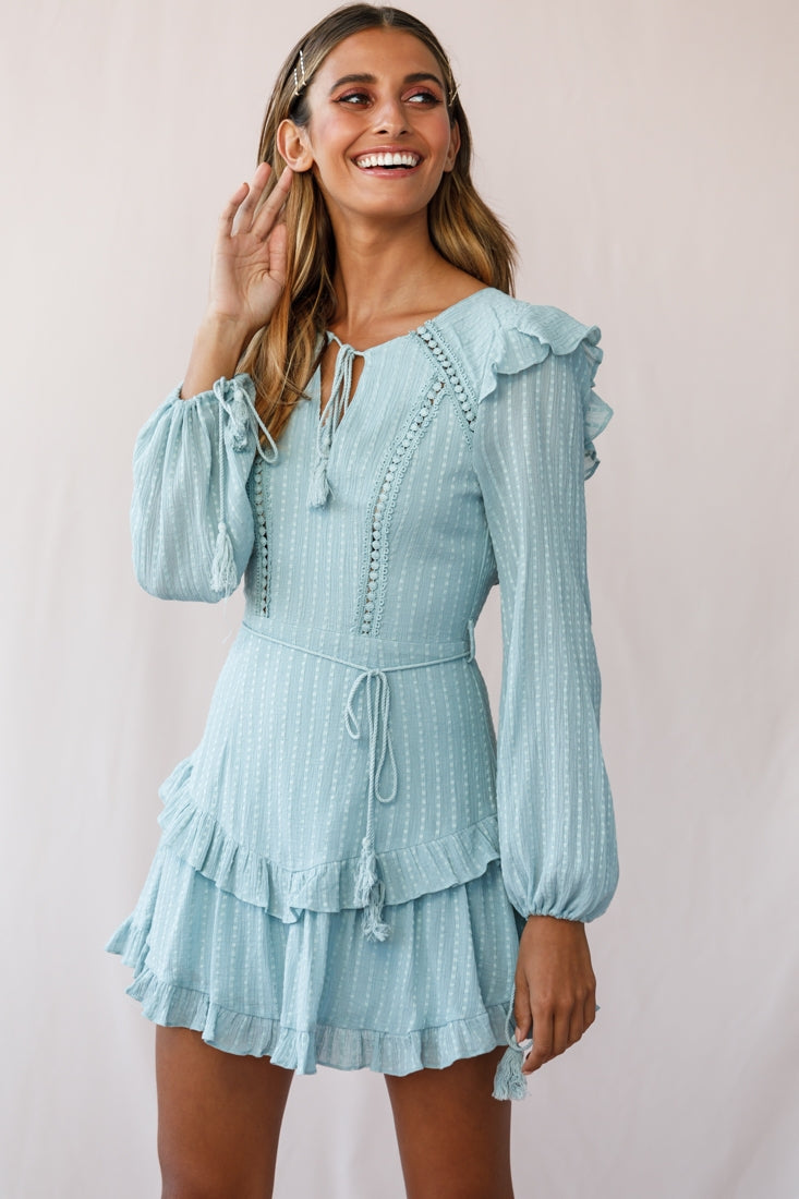 Yours Truly Bell Sleeve Ruffle Dress Sage-Maymioy
