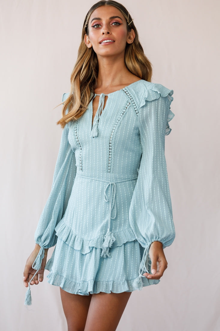 Yours Truly Bell Sleeve Ruffle Dress Sage-Maymioy