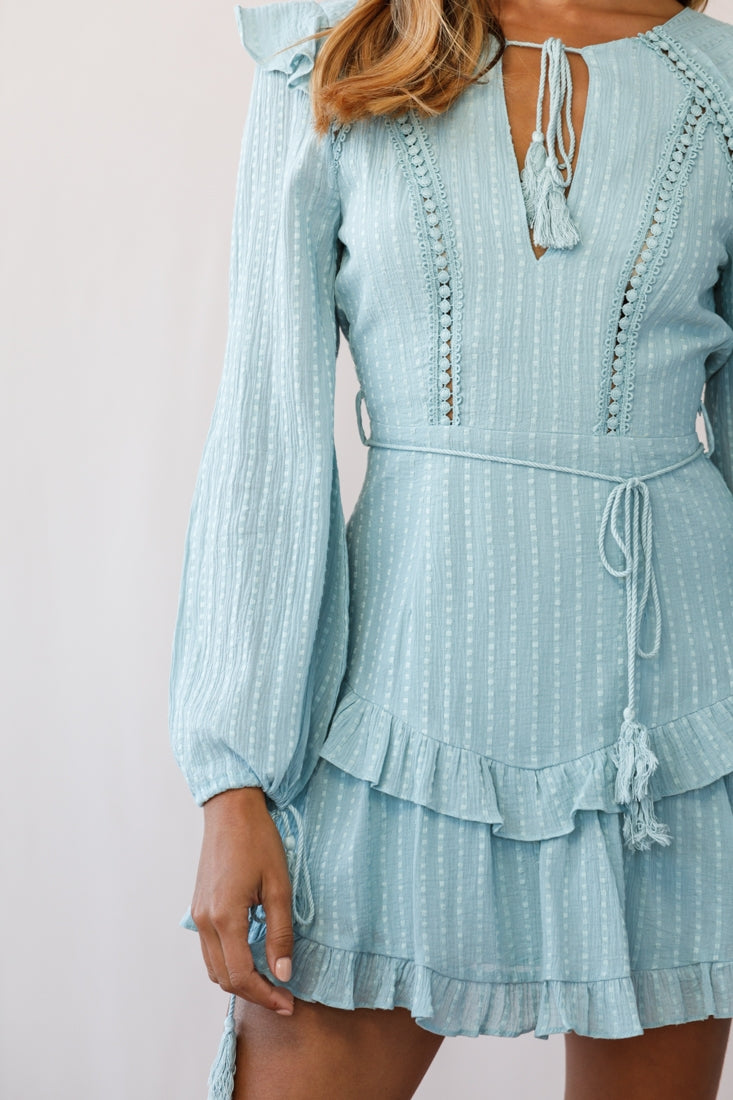 Yours Truly Bell Sleeve Ruffle Dress Sage-Maymioy