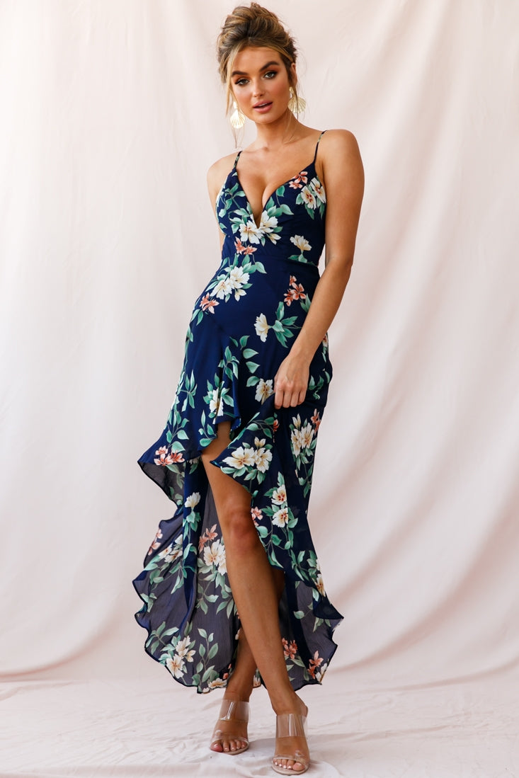 Imelda V-Neckline High-Low Hem Dress Navy-Maymioy