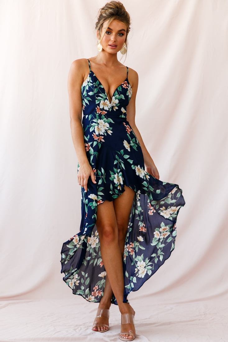 Imelda V-Neckline High-Low Hem Dress Navy-Maymioy