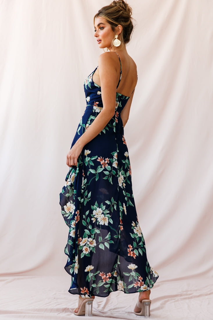 Imelda V-Neckline High-Low Hem Dress Navy-Maymioy