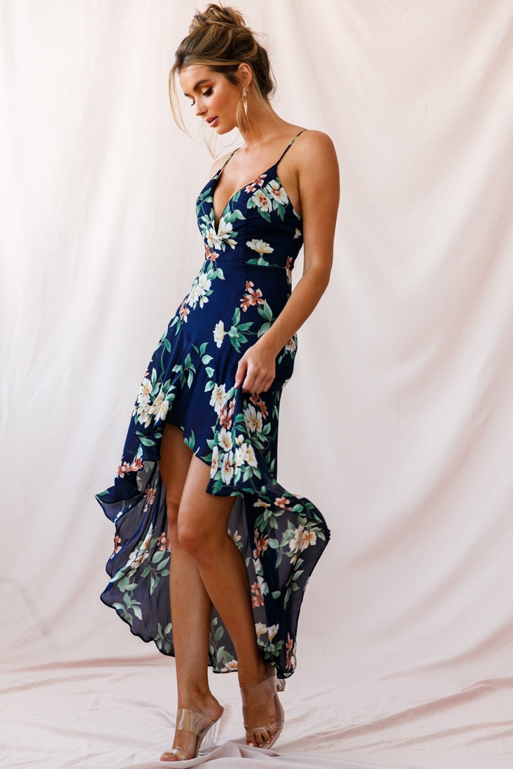 Imelda V-Neckline High-Low Hem Dress Navy-Maymioy