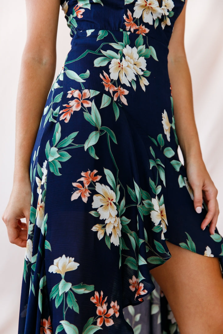Imelda V-Neckline High-Low Hem Dress Navy-Maymioy