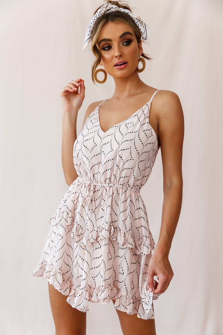 Provence Frill Trim Drawstring Waist Dress Polka Dot Print Blush-Maymioy
