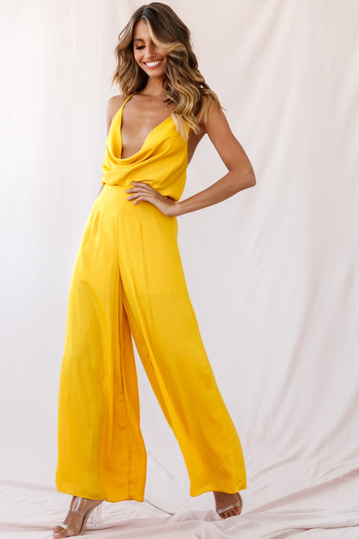 Jaclyn Wide-Leg Cowl Neck Jumpsuit Mustard-Maymioy