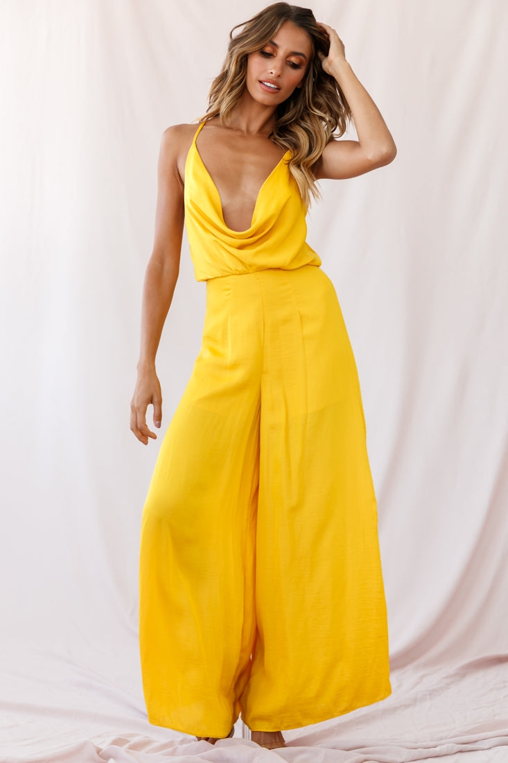 Jaclyn Wide-Leg Cowl Neck Jumpsuit Mustard-Maymioy