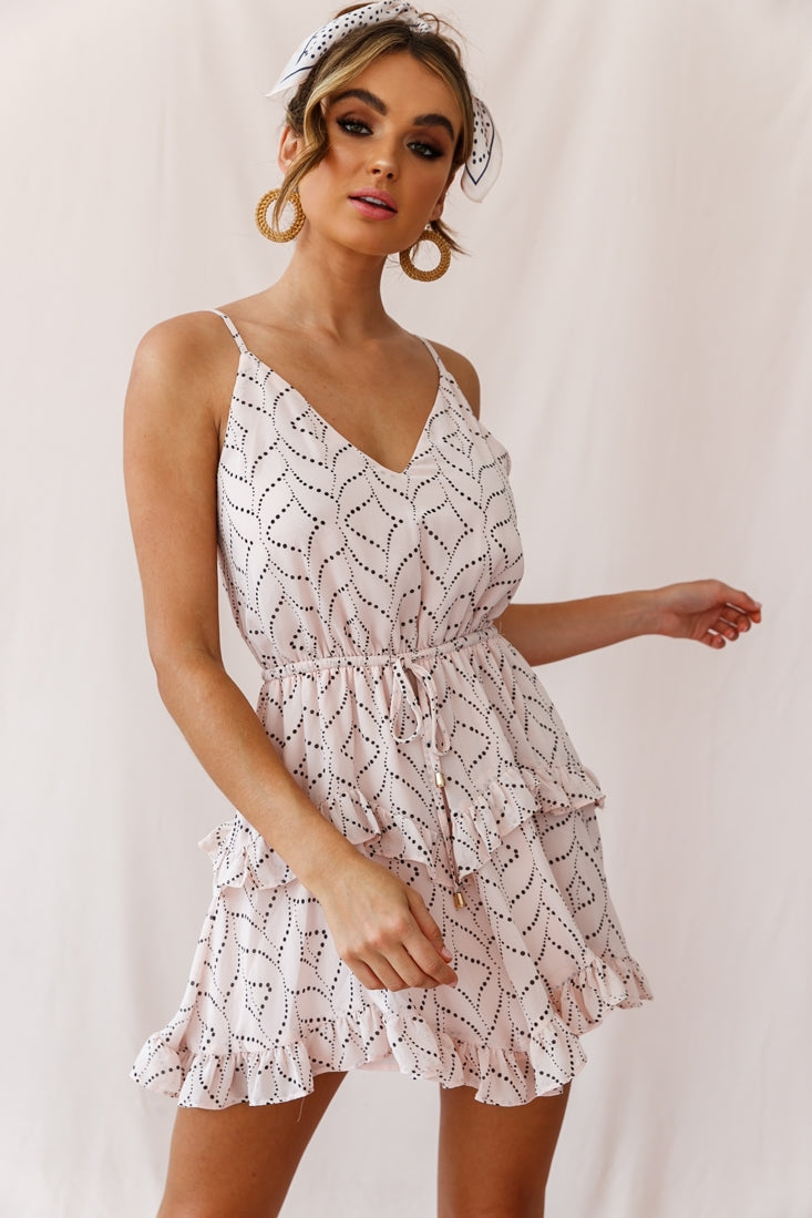 Provence Frill Trim Drawstring Waist Dress Polka Dot Print Blush-Maymioy