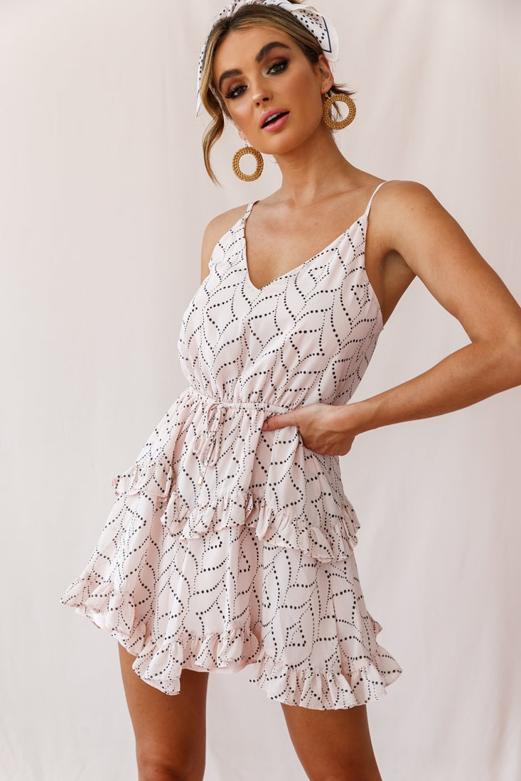 Provence Frill Trim Drawstring Waist Dress Polka Dot Print Blush-Maymioy