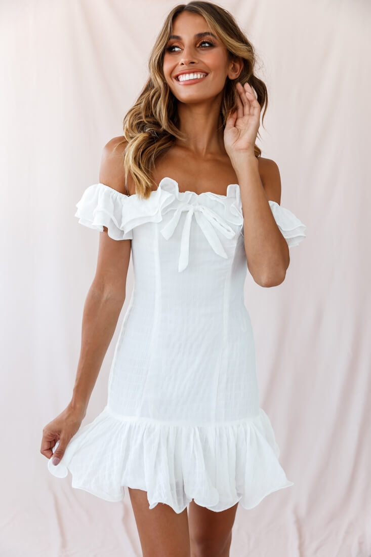 Heaven Bardot Neckline Ruffle Trim Dress White-Maymioy