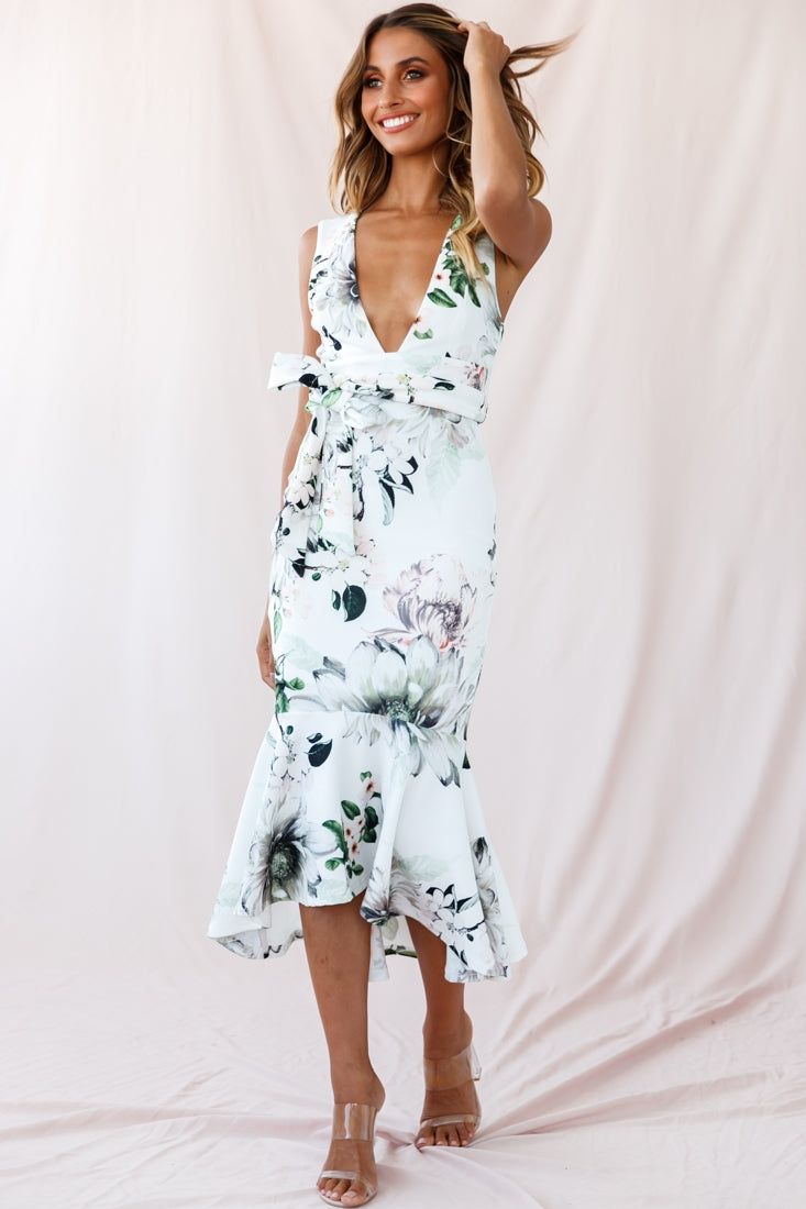 Sorry Not Sorry Wide Strap Flounce Floral Dress White-Maymioy