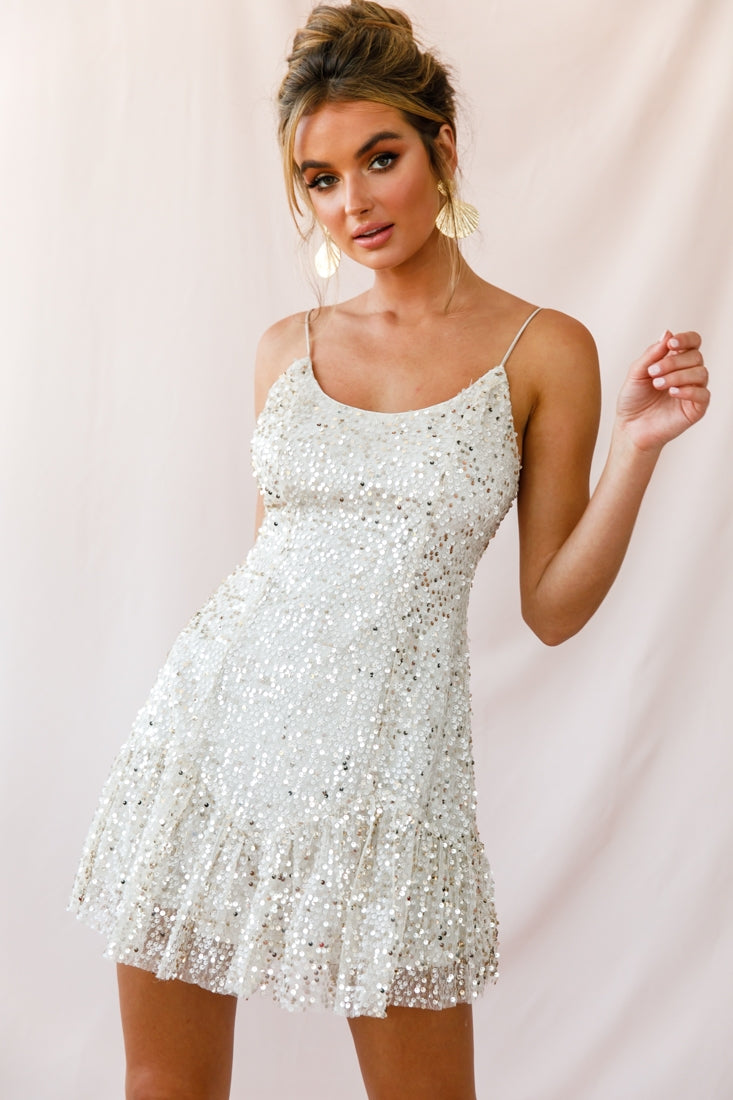 Shine Spaghetti Strap Sequin Mini Dress Champagne-Maymioy
