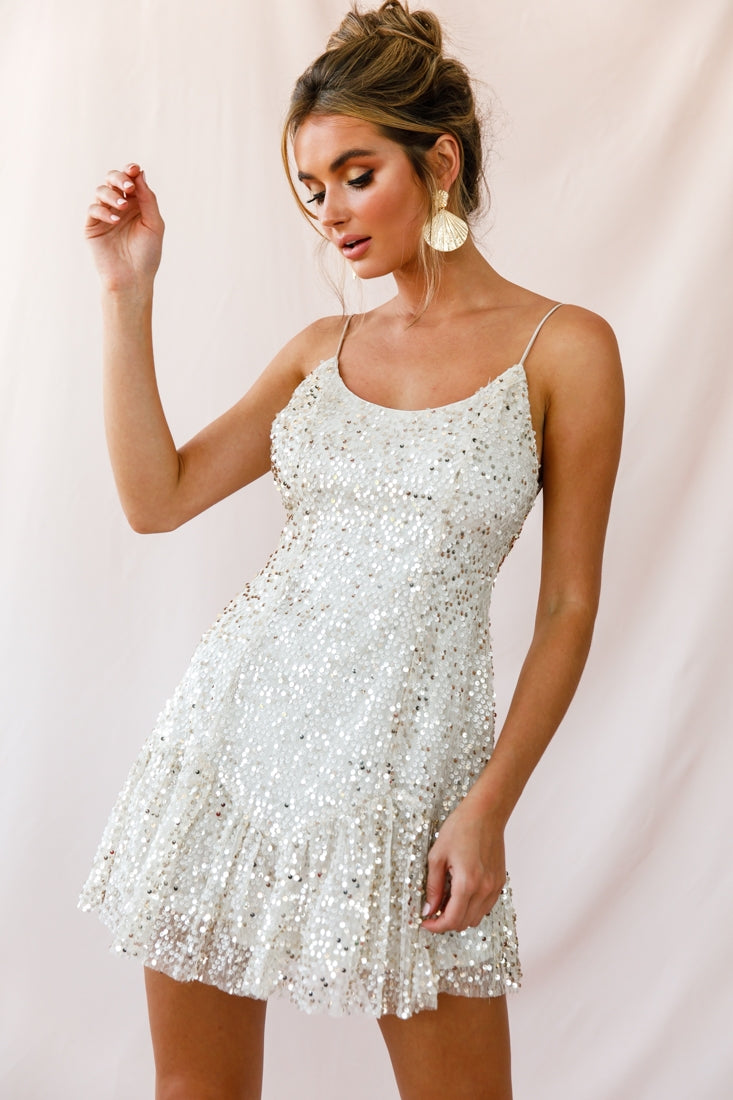 Shine Spaghetti Strap Sequin Mini Dress Champagne-Maymioy