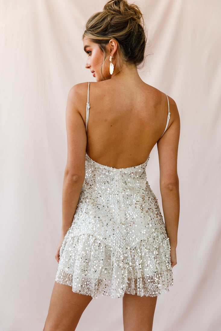 Shine Spaghetti Strap Sequin Mini Dress Champagne-Maymioy