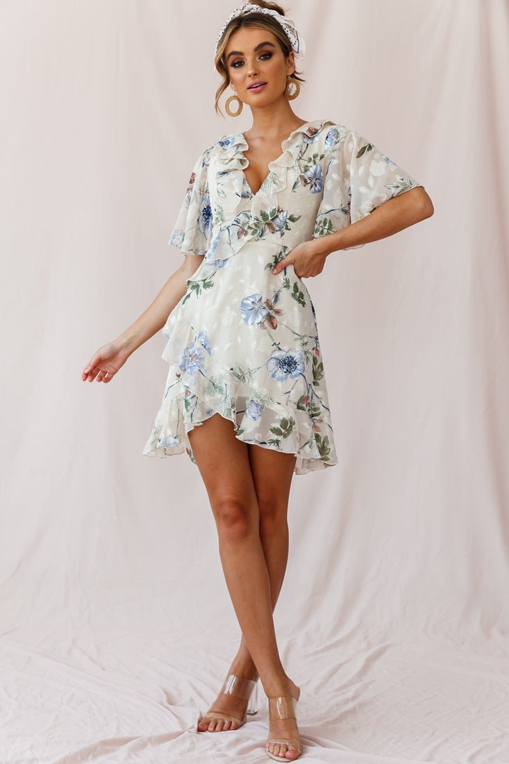 June Angel Sleeve Ruffle Detail Dress Floral Print Beige-Maymioy