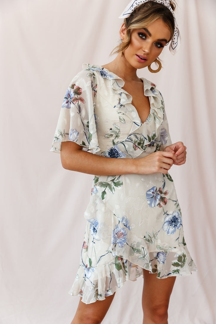 June Angel Sleeve Ruffle Detail Dress Floral Print Beige-Maymioy