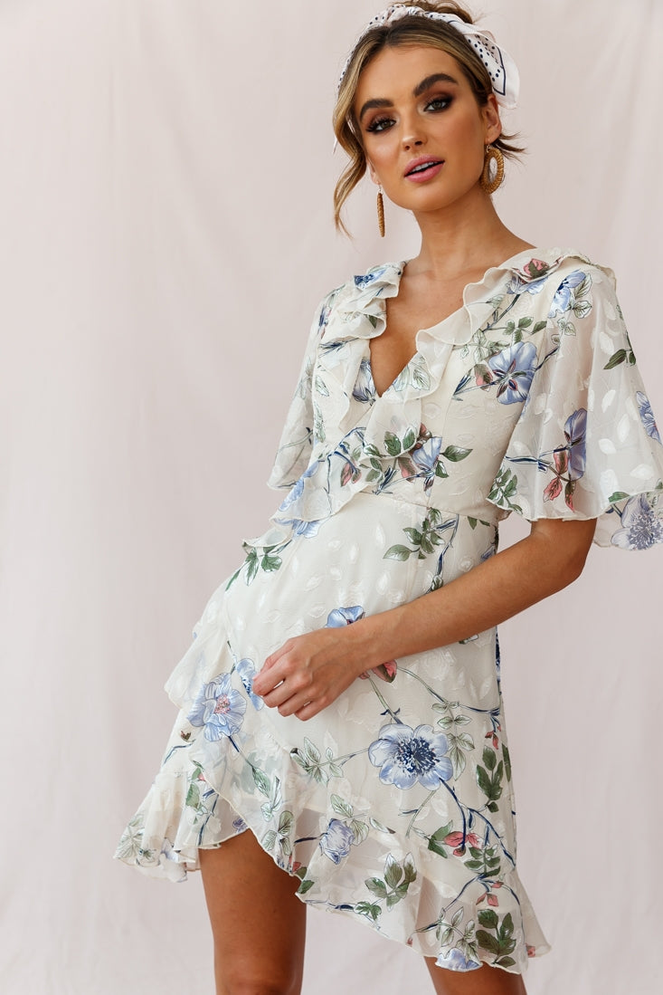 June Angel Sleeve Ruffle Detail Dress Floral Print Beige-Maymioy