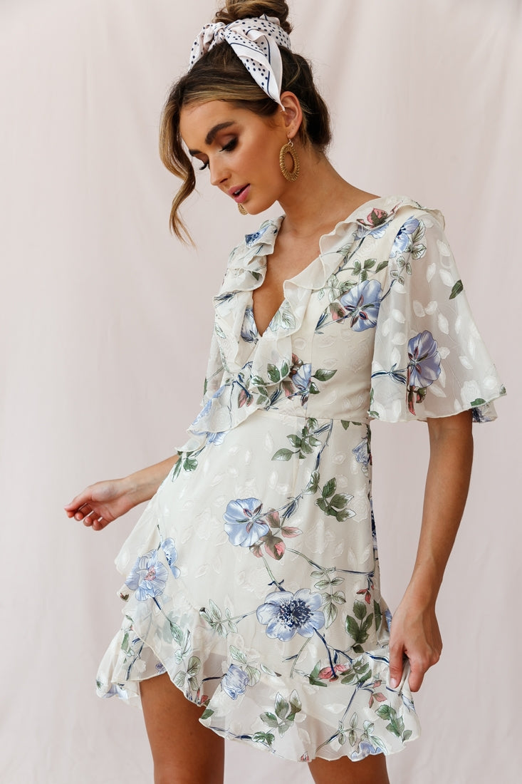 June Angel Sleeve Ruffle Detail Dress Floral Print Beige-Maymioy