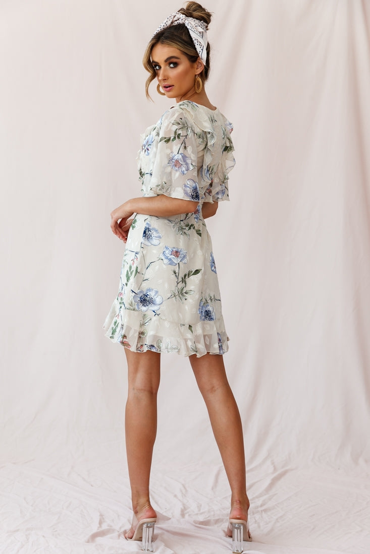 June Angel Sleeve Ruffle Detail Dress Floral Print Beige-Maymioy