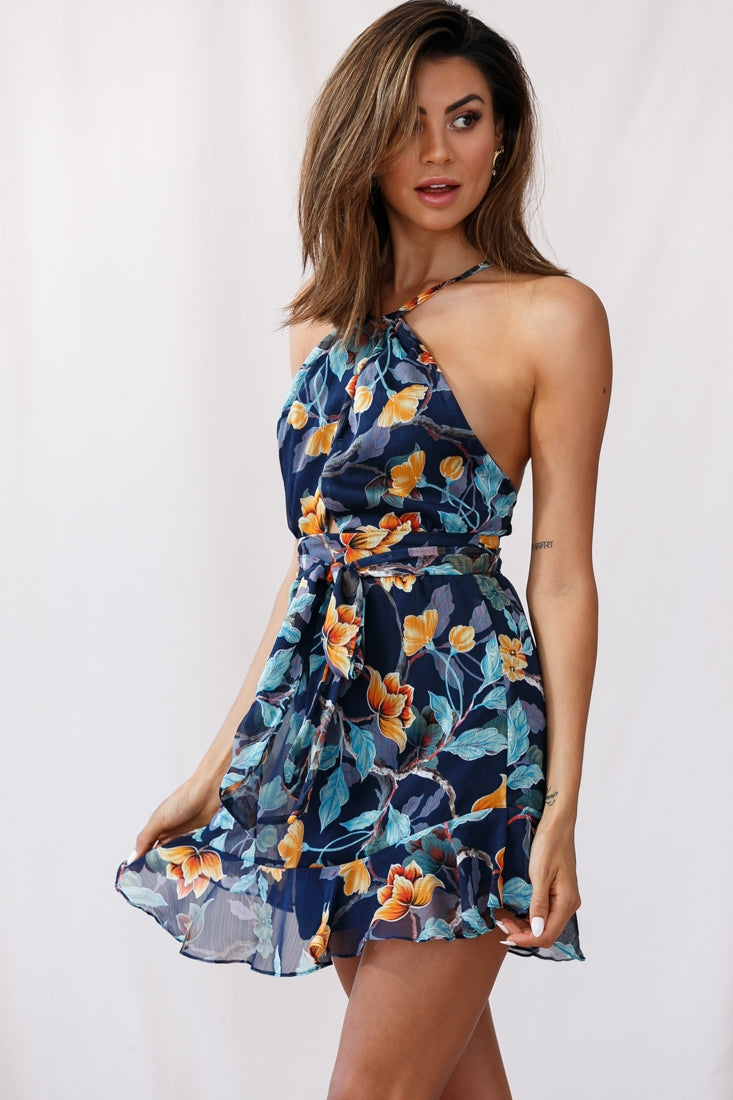 Bula Halterneck Open Back Dress Blue-Maymioy