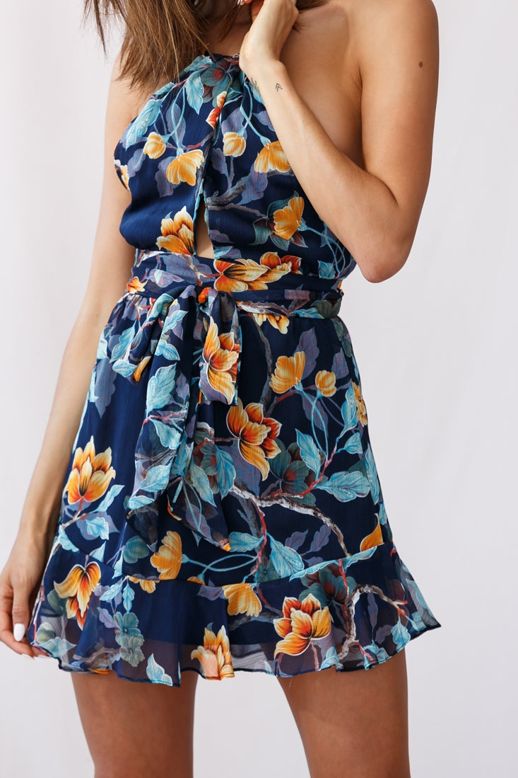 Bula Halterneck Open Back Dress Blue-Maymioy