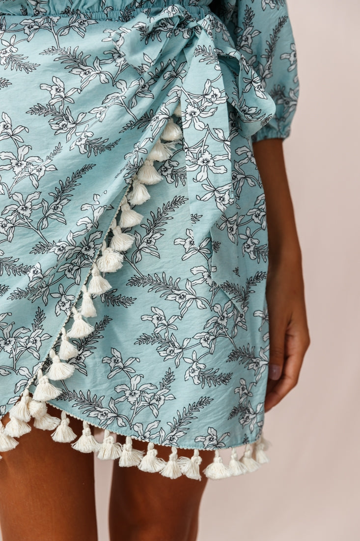Cayman Tassel Trim Wrap Dress Sage/White-Maymioy