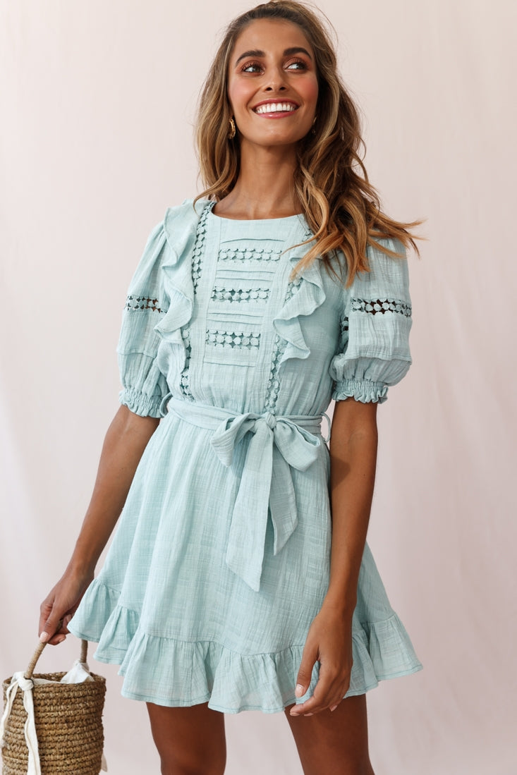 Delia Puff Sleeve Crochet Detail Dress Sage-Maymioy