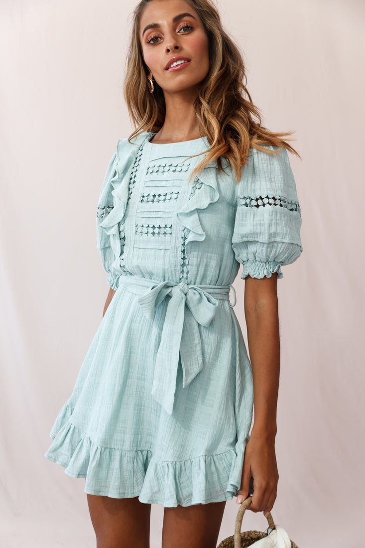 Delia Puff Sleeve Crochet Detail Dress Sage-Maymioy