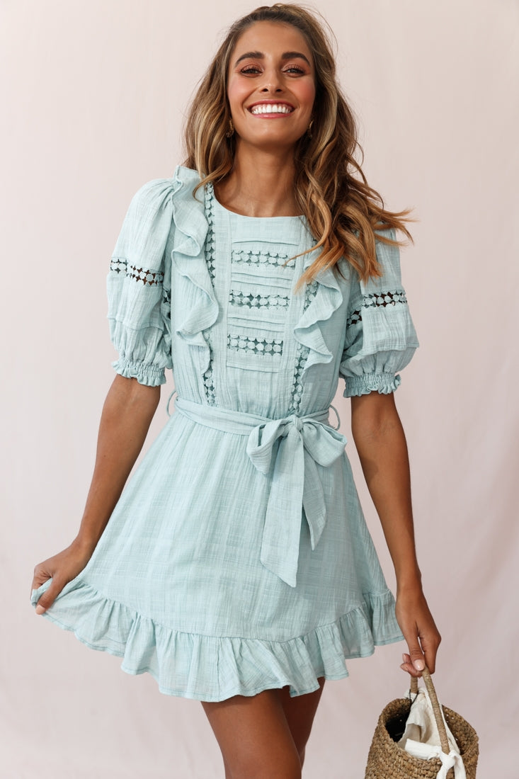 Delia Puff Sleeve Crochet Detail Dress Sage-Maymioy