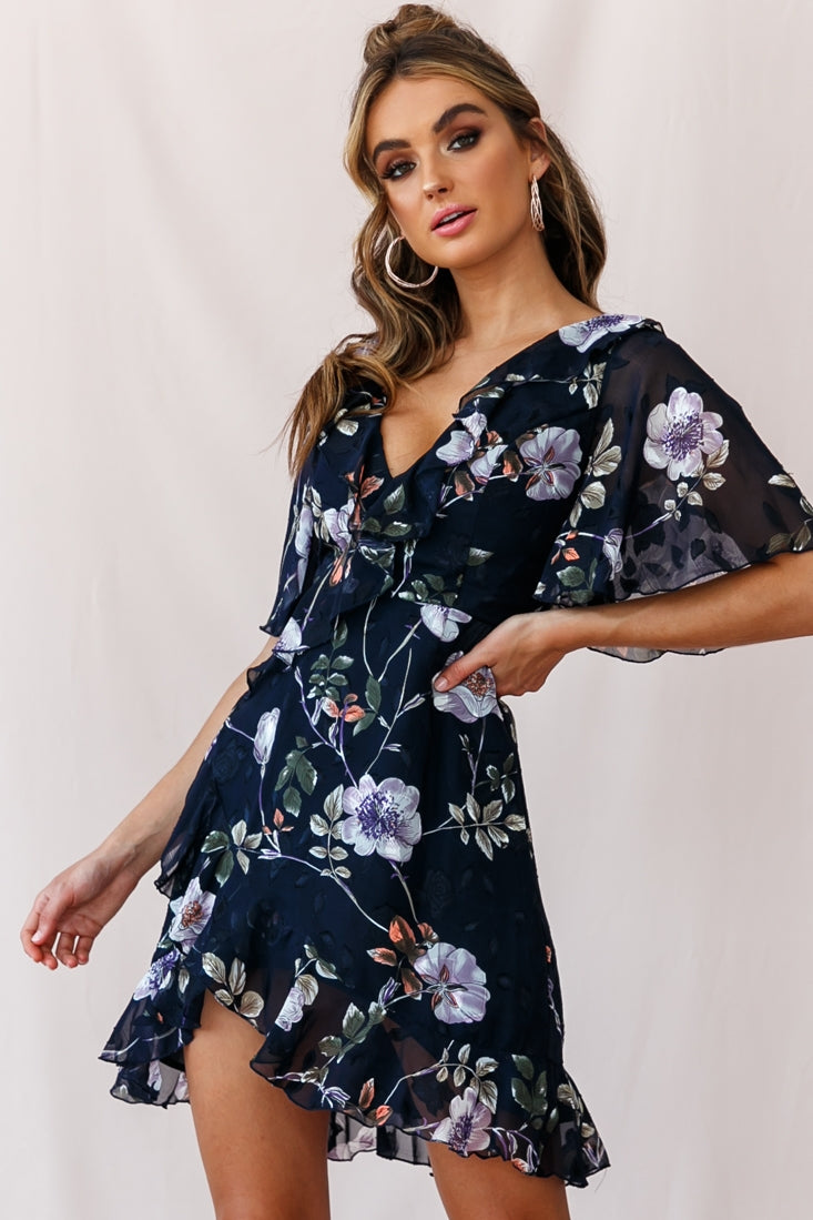 June Angel Sleeve Ruffle Detail Dress Navy-Maymioy