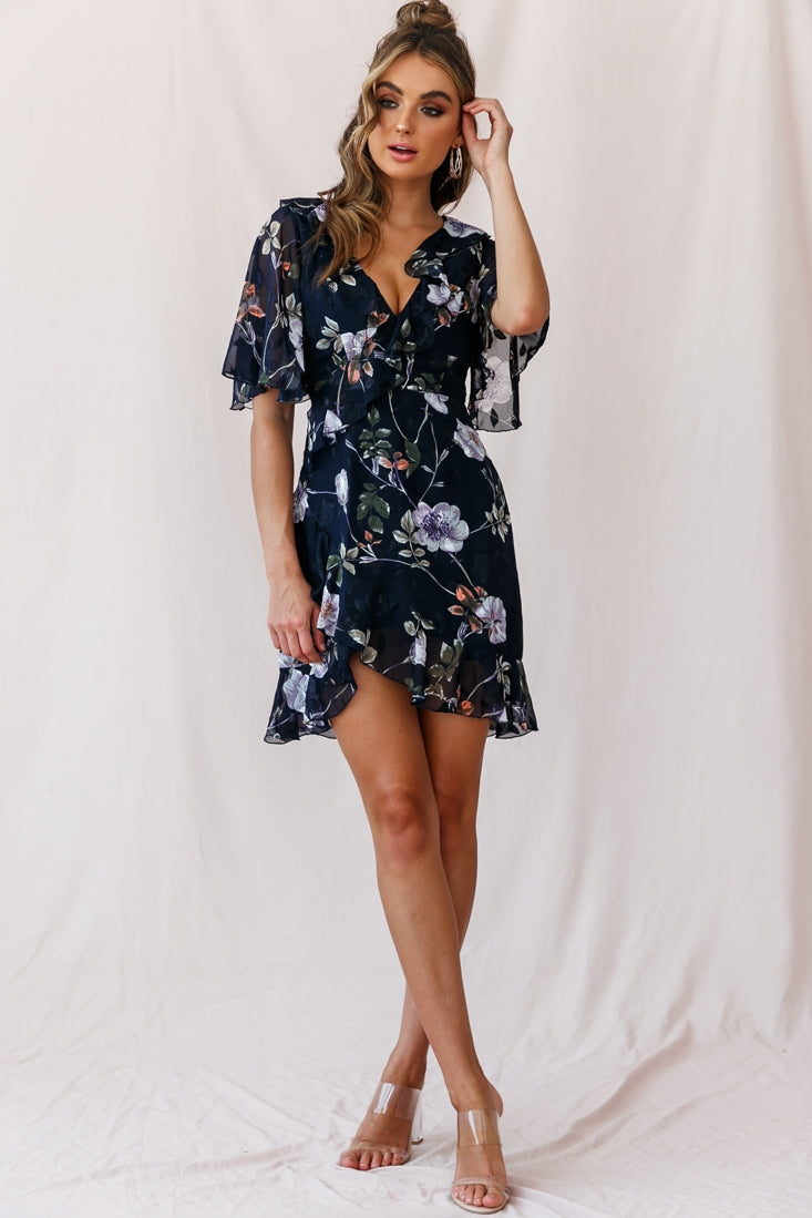 June Angel Sleeve Ruffle Detail Dress Navy-Maymioy