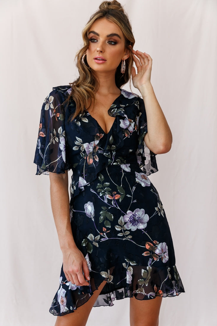 June Angel Sleeve Ruffle Detail Dress Navy-Maymioy